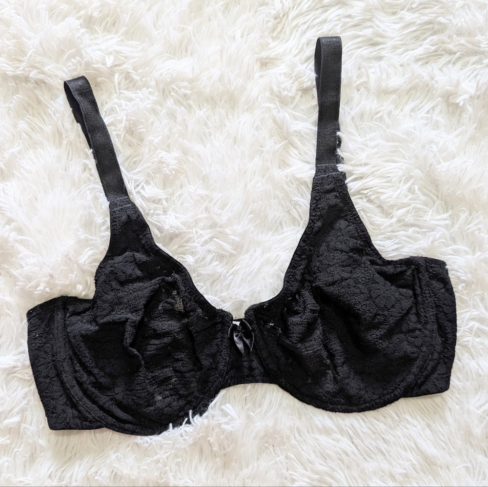 Wacoal Black Nylon Sheer Stretch Lace Unlined Underwire Full Cup Bra Size 34D